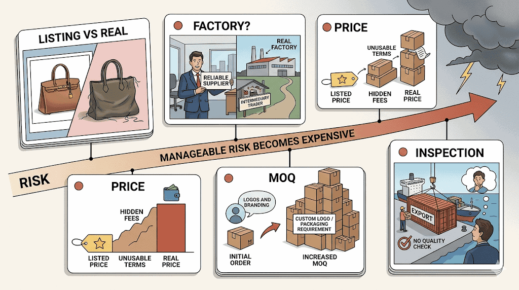 Editorial illustration mapping the most common Bao66 order failures such as weaker real products unclear supplier identity misleading usable price MOQ changes and missing inspection before export