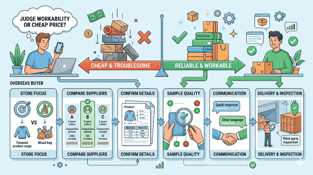 Editorial illustration showing when unclear MOQ multiple suppliers sample comparison China warehouse receiving and export coordination all point toward using local support such as a sourcing team or warehouse setup