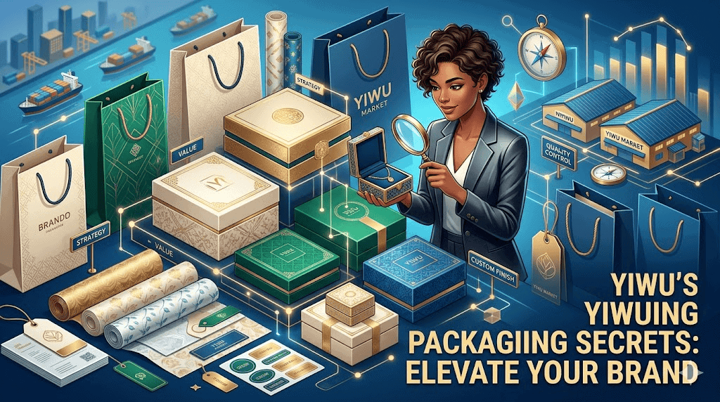 Editorial cover illustration for a Yiwu packaging market guide showing boxes, bags, labels, and custom packaging as a practical sourcing decision.