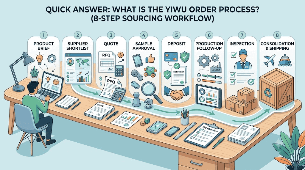 Inline illustration showing the eight step Yiwu order process from product brief to delivery