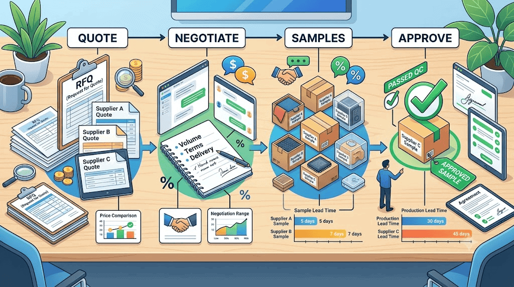Inline illustration showing Yiwu supplier quote negotiation sample collection and sample approval workflow