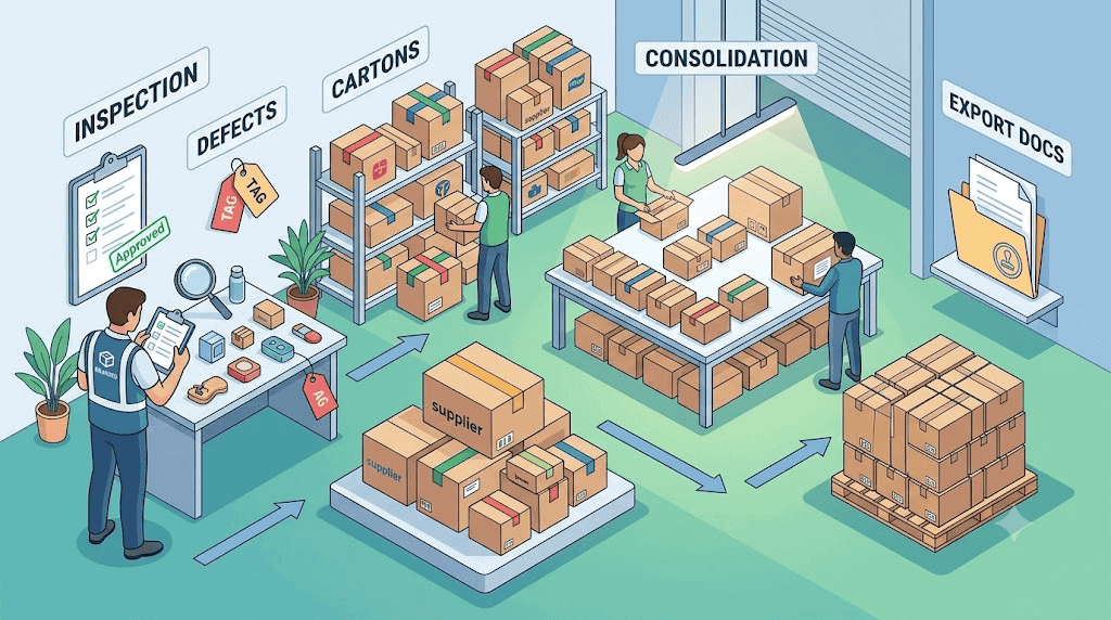 Inline illustration showing Yiwu pre-shipment inspection carton consolidation and export document preparation