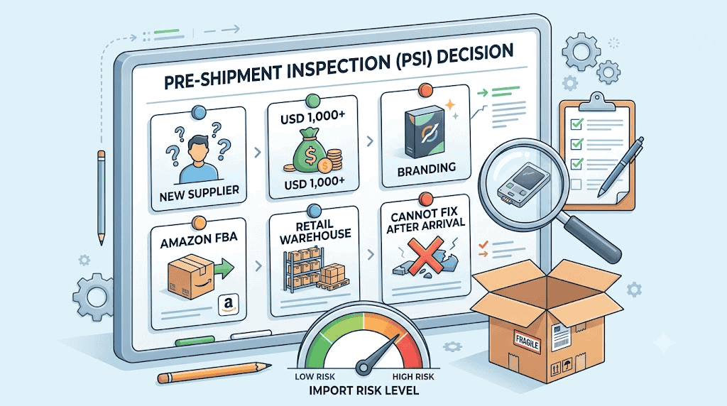 Inline illustration showing when China pre-shipment inspection is worth it for new suppliers larger orders branding FBA and retail warehouses