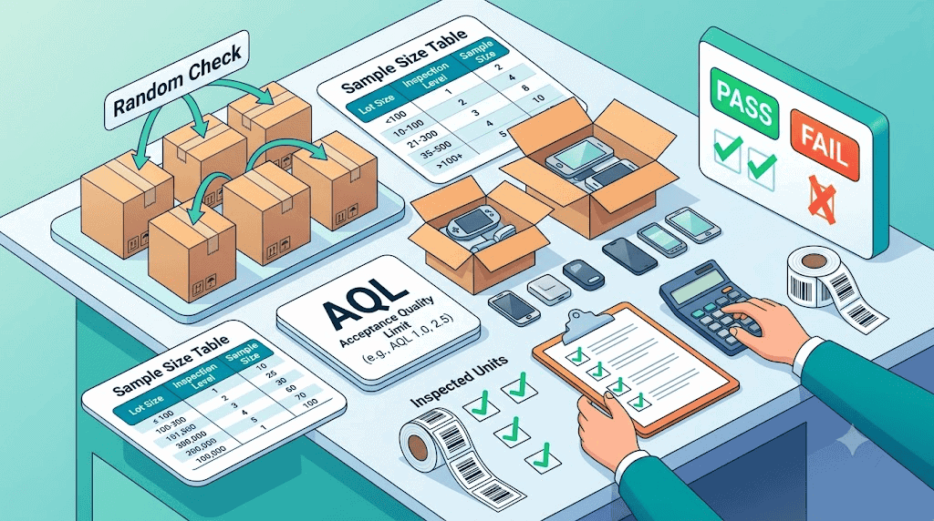 Inline illustration showing sample size random check AQL and pass fail result for pre-shipment inspection
