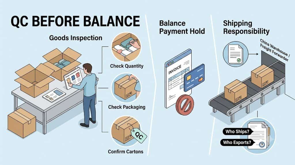 QC workflow showing goods inspection before balance payment and confirming shipping export responsibility