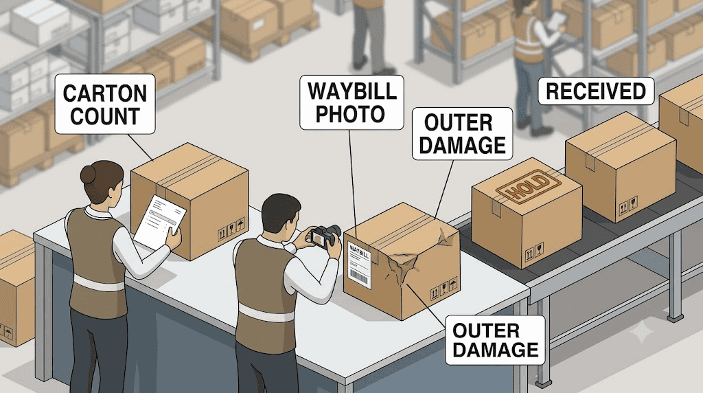 China warehouse receiving check for 1688 cartons showing carton count waybill photo and outer damage evidence