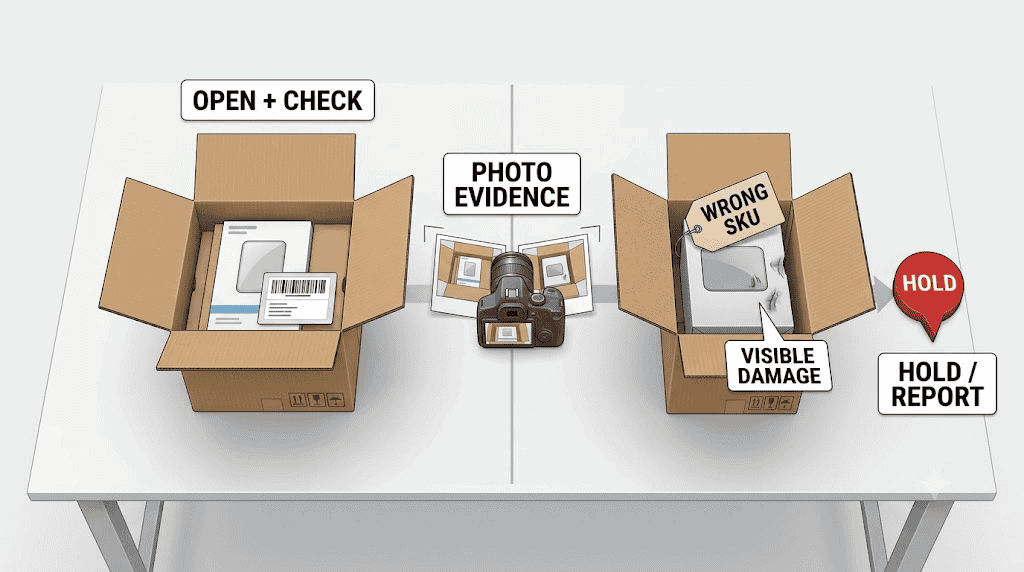 1688 carton condition and photo evidence check showing wrong SKU visible damage and hold report decision