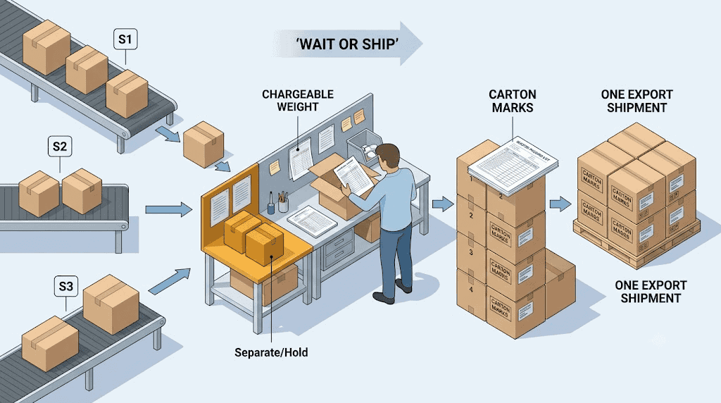 multiple 1688 supplier cartons compared by wait or ship chargeable weight and carton marks before one export shipment