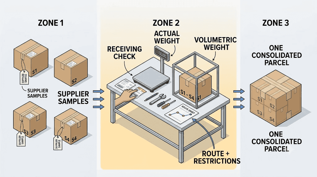 Supplier samples checked for receiving actual weight volumetric weight and route restrictions before one consolidated parcel