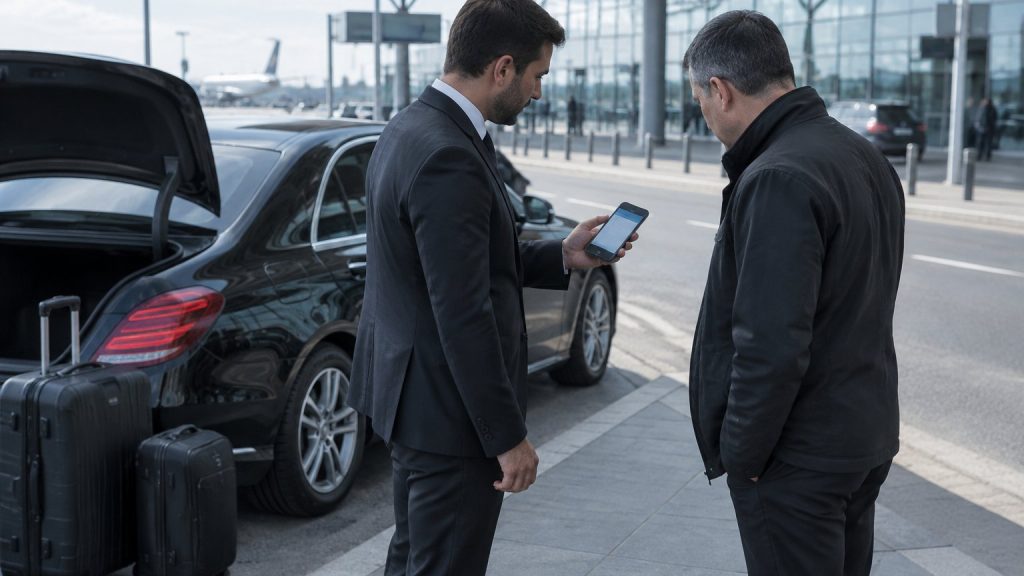 Chauffeur VTC montrant le bon de commande sur son smartphone lors d’un contrôle devant un terminal d’aéroport
