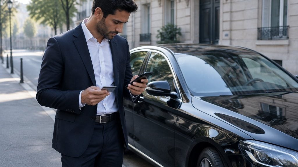 Jeune chauffeur VTC en costume, sa carte professionnelle dans une main et son smartphone dans l’autre, à côté d’une berline noire