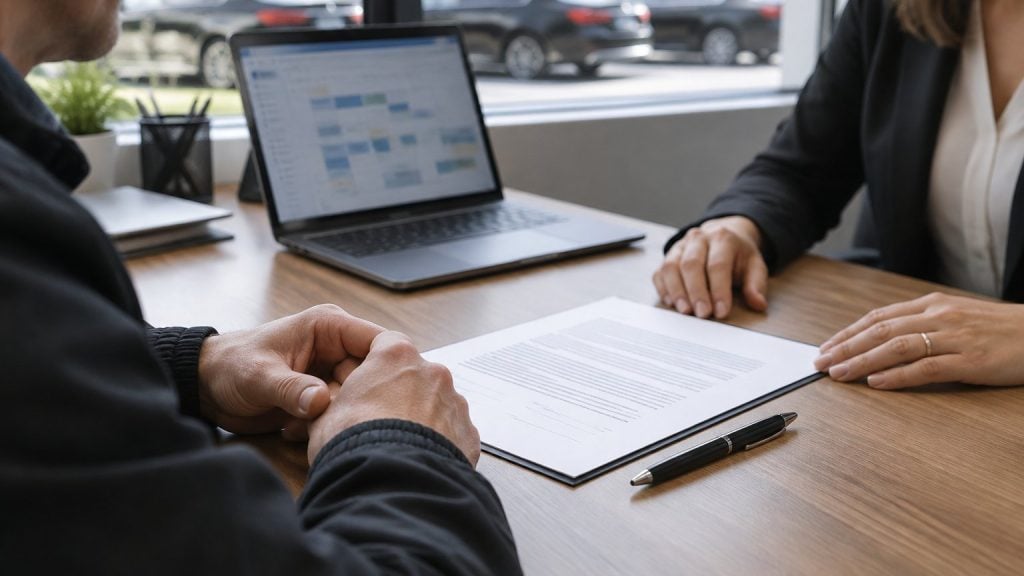 Chauffeur et gérante d’une société de transport face à un contrat posé sur la table, un planning de courses ouvert sur l’ordinateur
