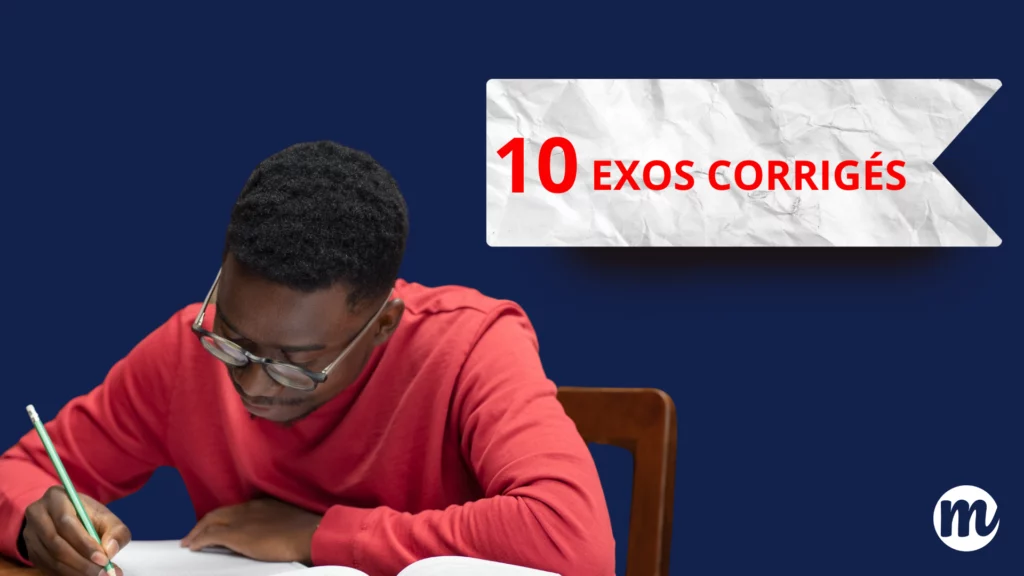 Un élève concentré en train de résoudre un exercice mathématique sur les identités remarquables, avec une bannière indiquant "10 exos corrigés". L’image illustre une séance de révision autour des identités remarquables à travers un exercice mathématique écrit. Idéal pour s’entraîner à maîtriser chaque identité remarquable avec des exercices mathématiques corrigés.