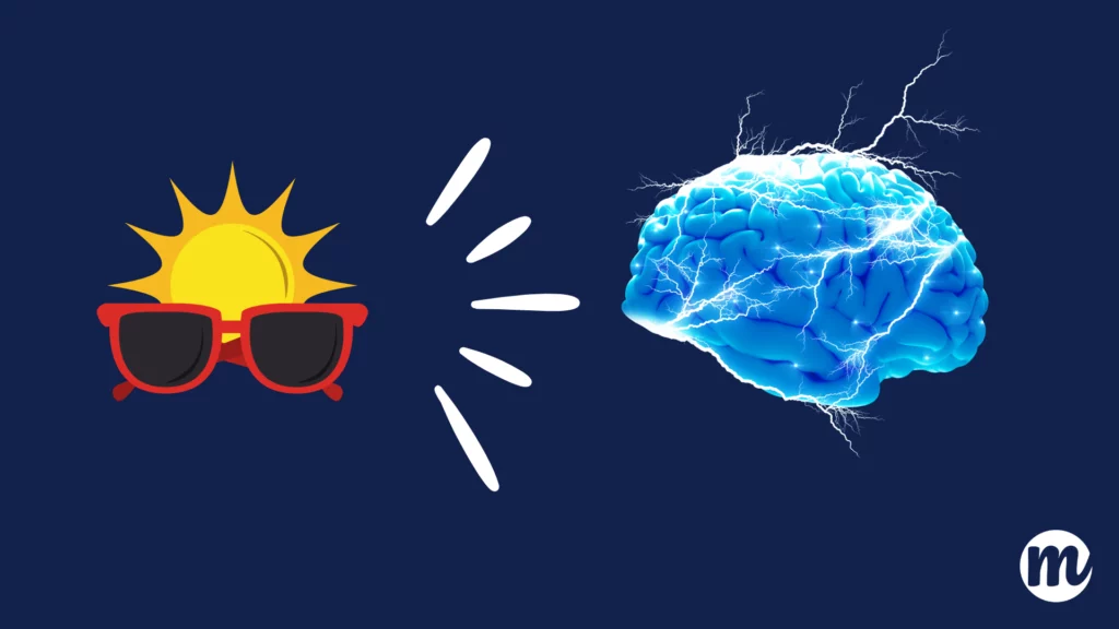Soleil avec lunettes de soleil et cerveau électrique représentant la stimulation cognitive pendant les bonnes vacances, idéale pour stimuler le cerveau des adolescents, notamment durant les vacances scolaires 2025, y compris pour un enfant hypersensible.