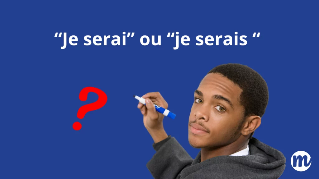 Image d’un adolescent tenant un marqueur avec un point d’interrogation rouge sur fond bleu. Le texte “Je serai ou je serais” s’affiche en haut. Illustration d’un exercice d’orthographe défi pour apprendre la différence entre “je serai” et “je serais”, avec corrigé exercice français, test orthographe interactif et fiche de révision pour aider les collégiens et lycéens à progresser.