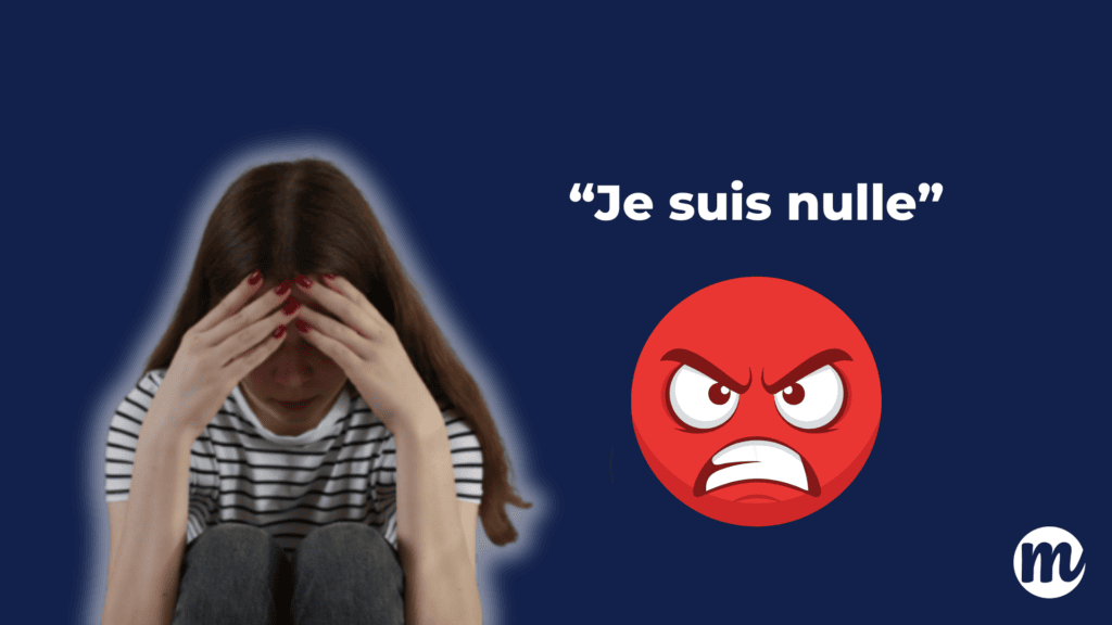 Adolescente assise, tête dans les mains, exprimant un “je suis nul(le)” après une mauvaise note, illustrant un manque de confiance et un manque de confiance en soi, avec un besoin de soutien moral, d’encouragement et de message encourageant pour lui dire “c’est ok” et l’encourager à reprendre confiance.