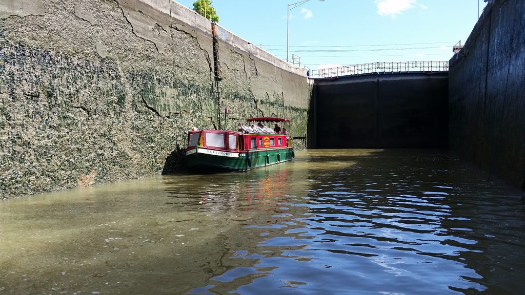 Erie Canal Packet Boat in Lock 32 near Pittsford, NY. Erie canal boat trips