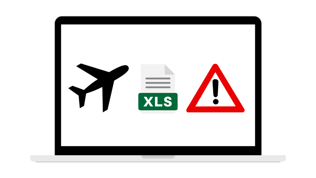Die Grafik zeigt ein Flugzeug, das XLS-Logo und ein Gefahrenhinweisschild um die Problematik der Reisekostenabrechung mit Excel zu symbolisieren.