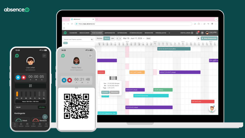 Screenshot der absence.io Software: Team-Kalender mit Abwesenheiten und Homeoffice-Tagen im Browser, daneben zwei Smartphones mit Zeiterfassung per Stopp-Uhr, Saldo-Anzeige und QR-Code-Login