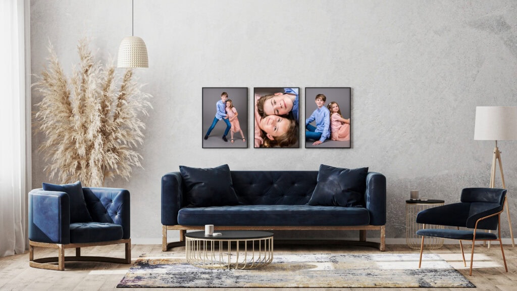 large wall art cluster above a sofa