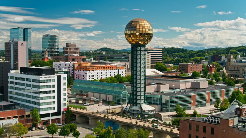 Aerial shot of the Sunsphere and downtown buildings in Knoxville, on a sunny and beautiful day in early Fall.