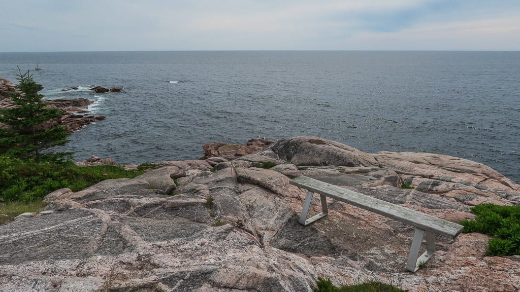 Bench on the cliffside looking towards the ocean on the Jack Pine Trail