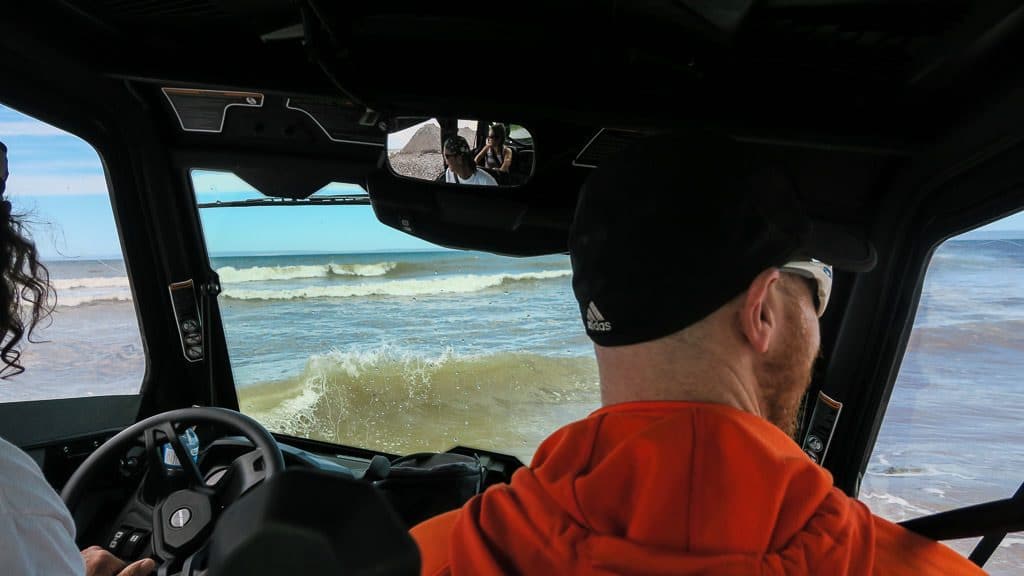 Paul driving us into the crashing waves in the Atlantic Ocean