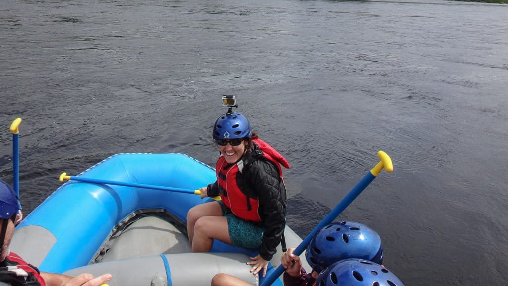 Brooke laughing after Buddy fell in the water during the trust exercise