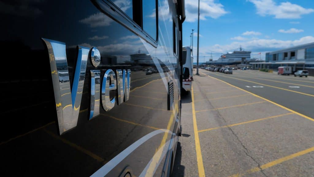 Our Winnebago View sitting in line awaiting permission to drive onto the ferry.