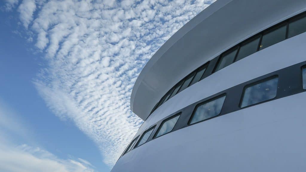 Looking up to the top of the Marine Atlantic Ferry from the deck towards a blue sky