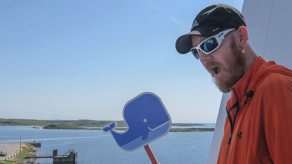 Buddy being excited to see a whale off of the side of the ferry, even if it is a fake paper whale.