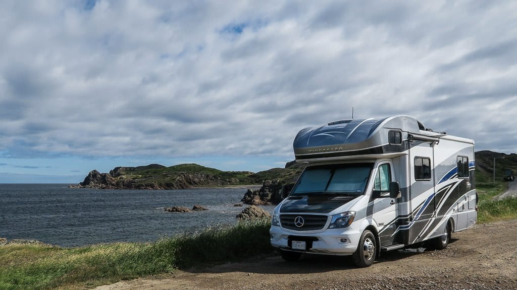 Our Winnebago View at an epic ocean side boondocking spot we stayed at for 2 nights. We were able to see whales and icebergs off the coast from this lovely spot.