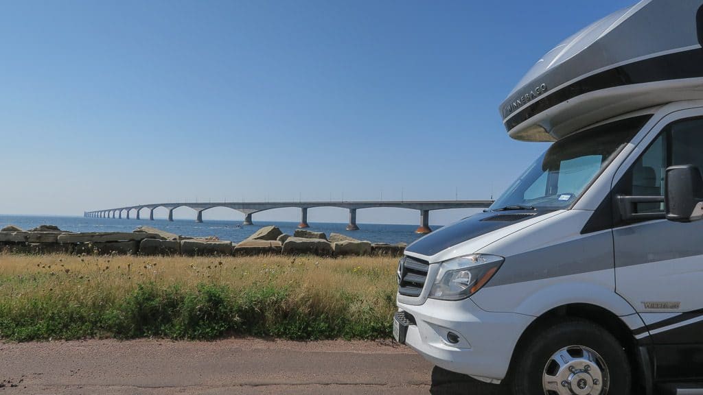 Our Winnebago View in front of the PEI's 8-Mile Bridge