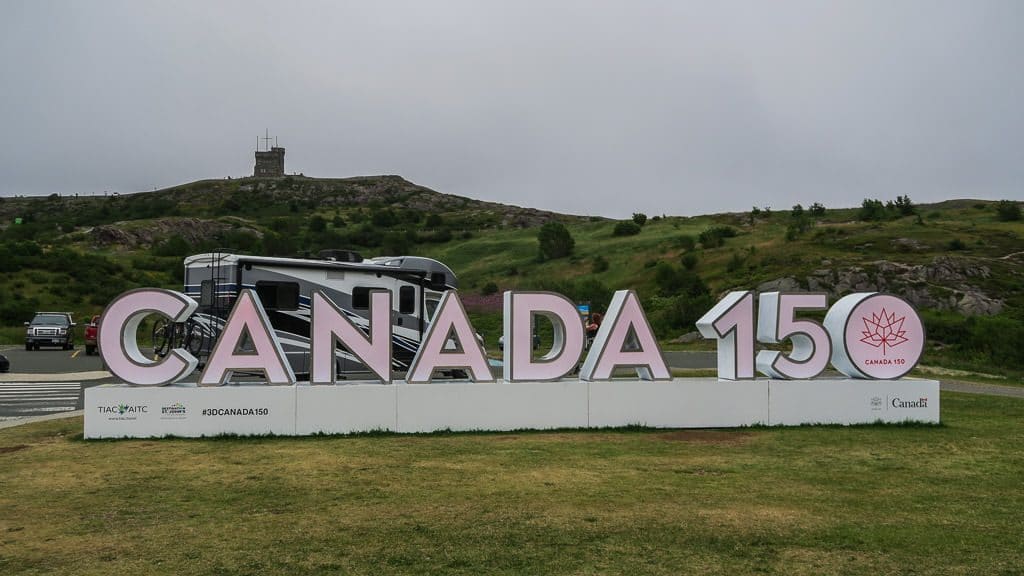 Our RV parked behind the Canada 150 display at Signal Hill National Historic Site