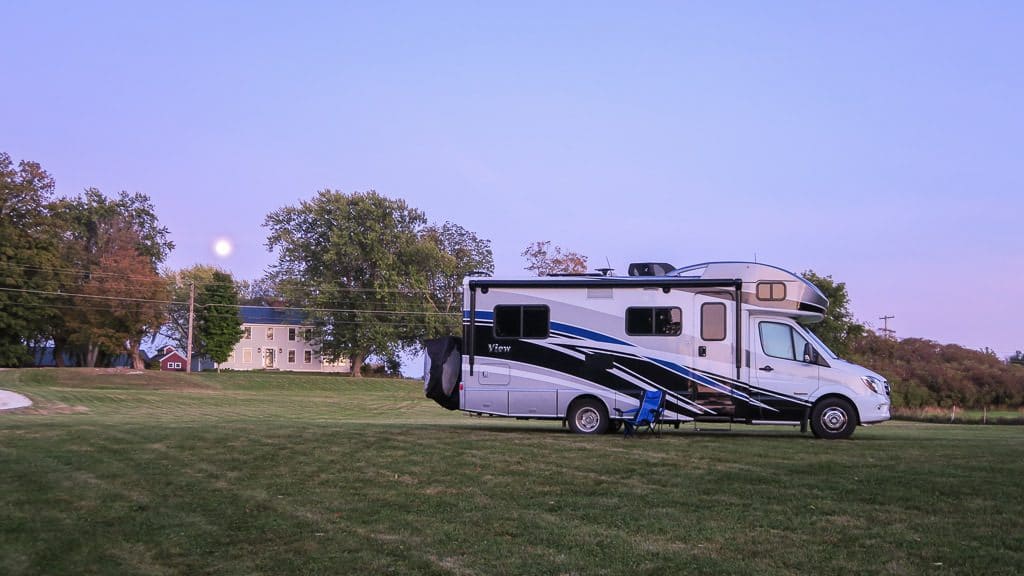 Our RV parked at a beautiful boondocking spot in Vermont at a farm using our Harvest Hosts membership