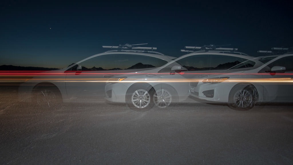 Having fun with multi-shot photography at night with the car on the bonneville salt flats