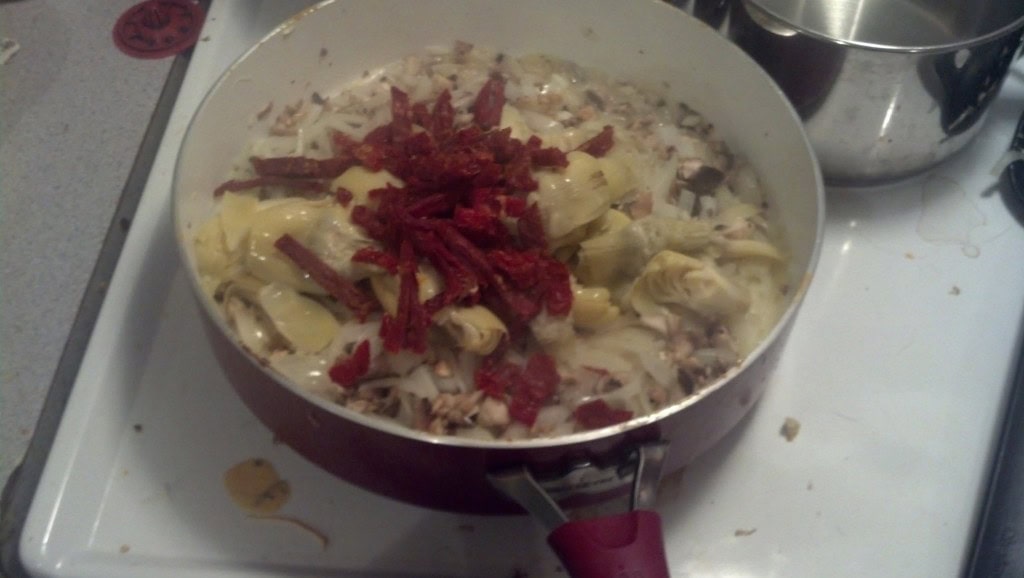 I like to add sun dried tomoatos nd artichoke hearts, I add these after the onions get cooked all the way, then I saute for just a couple minutes longer