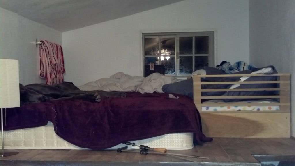 I moved the bed back around too, I didn't like laying in the loft sideways at all, I neer fell off but D did take his first tumble a couple nights ago. I think he's part cat because he totally landed on his feet and had a 'WTH did you do that for' look on his face. Again, I WILL have a rail, that is an early summer project. This works out MUCH better though, glad to have the head of the bed back up by the window!