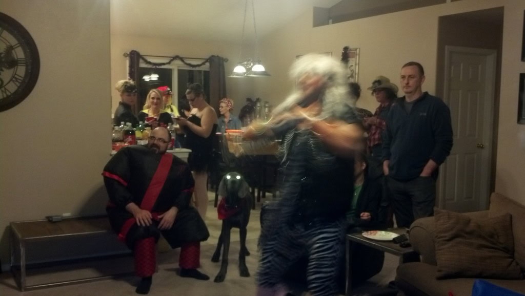 Getting rowdy with Denver the Deamon dog in the background