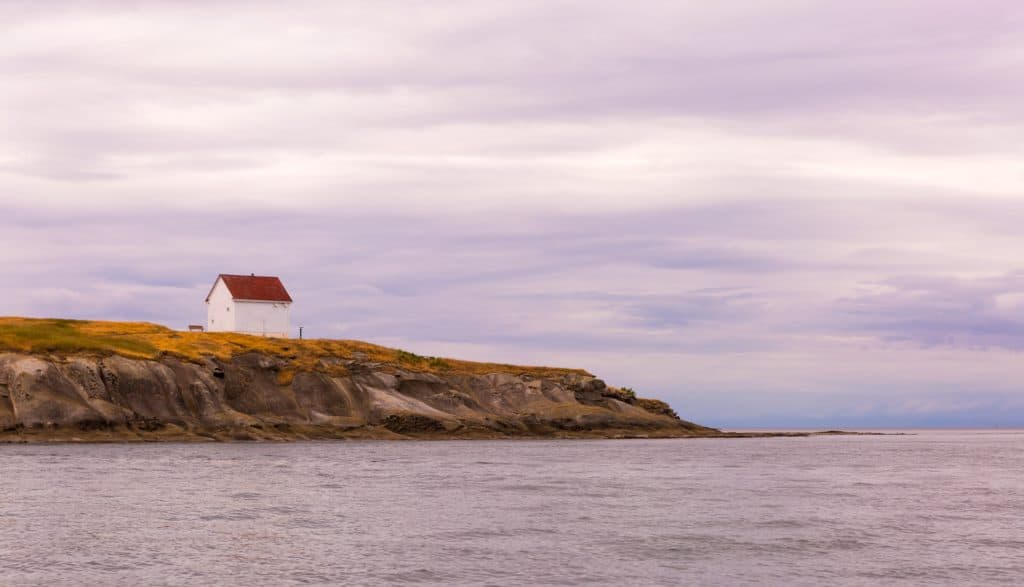 White house with red roof on ocean peninsula with yellow flowered ground cover, Whidbey Island, Washington