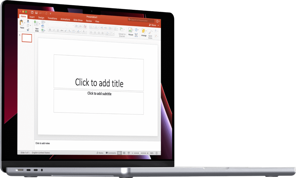 PowerPoint: laptop z widokiem pustego slajdu PowerPoint z polem „Click to add title” PowerPoint: laptop z widokiem pustego slajdu PowerPoint z polem „Click to add title”