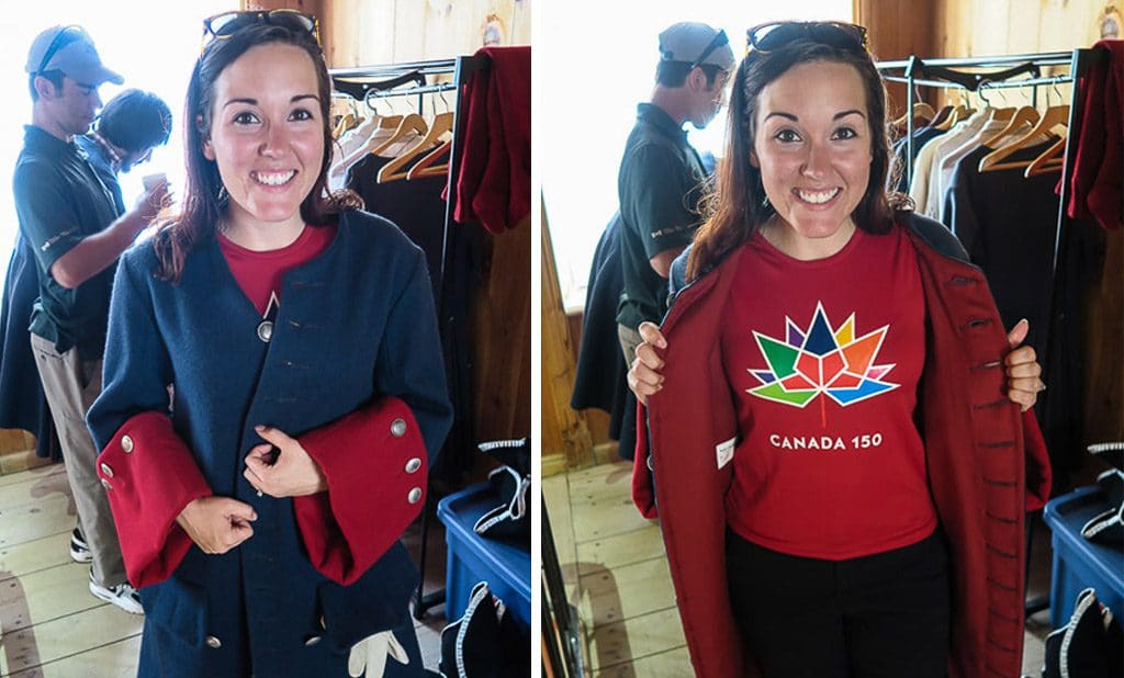 Brooke wearing her Canada 150 shirt and getting dressed in the proper attire to fire a cannon