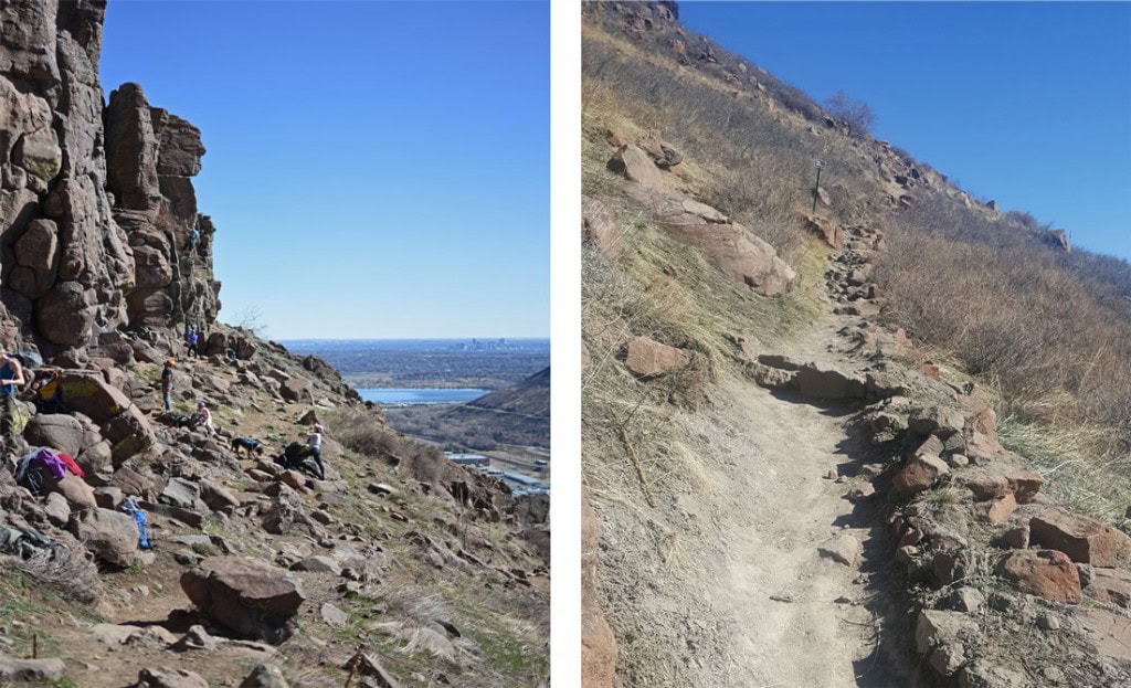 Climbers preparing to climb on the climbing access trail and some of the North Table Mountain Hike trail