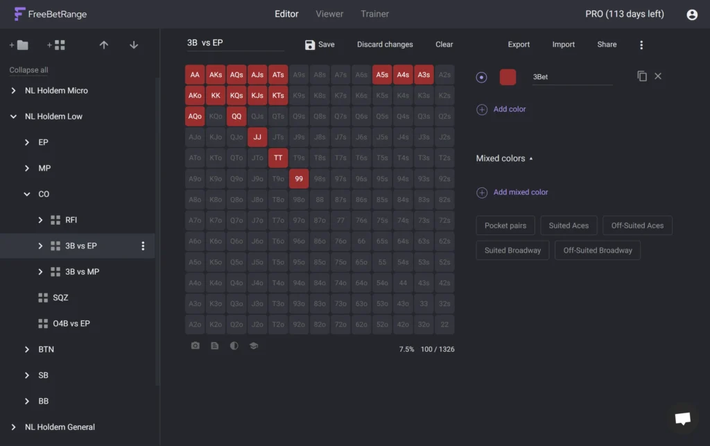Freebetrange poker range editor