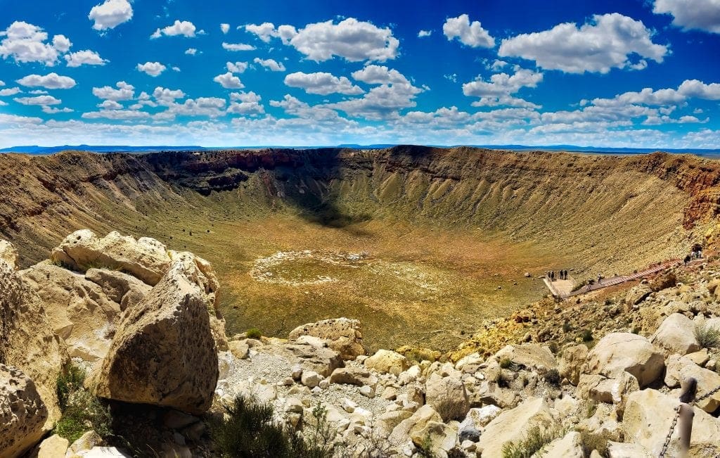 aerial view of massive meteor crater in Arizona landscape