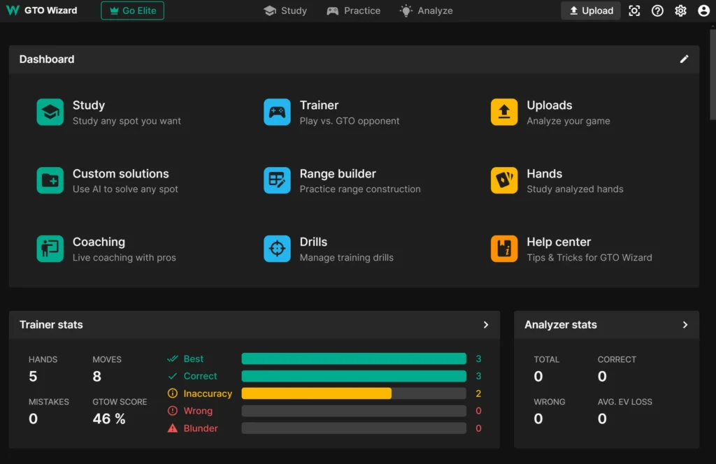 GTO Wizard user dashboard