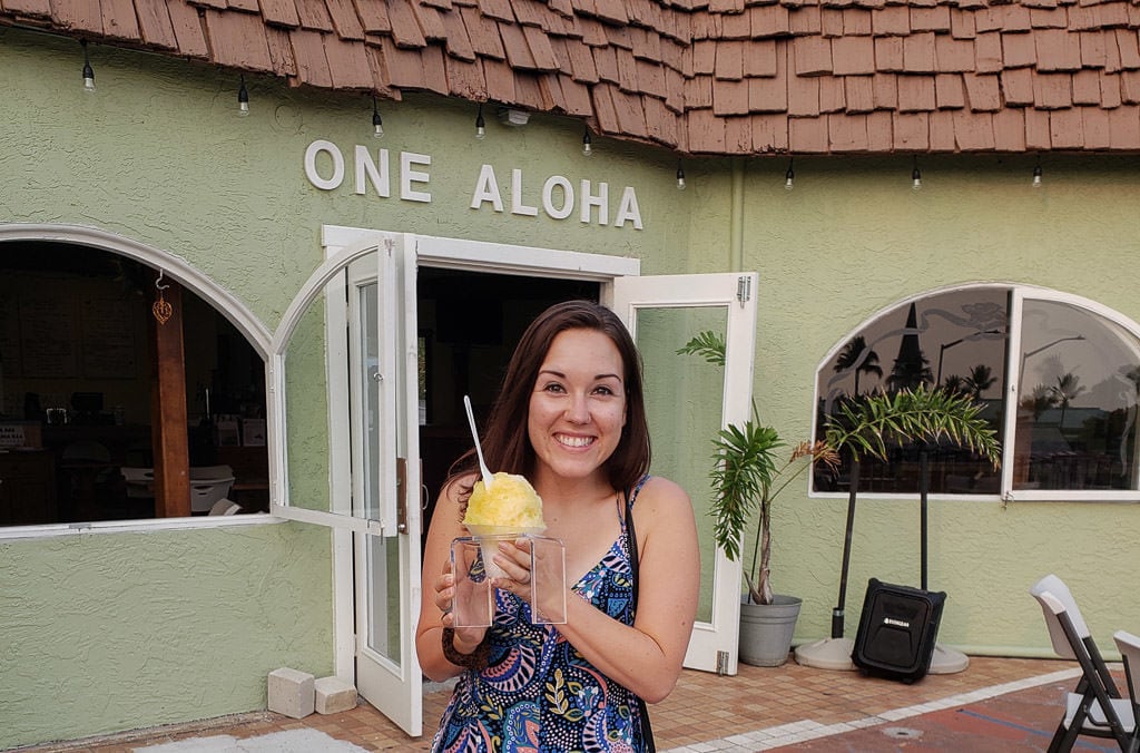 eating shave ice in kona hawaii