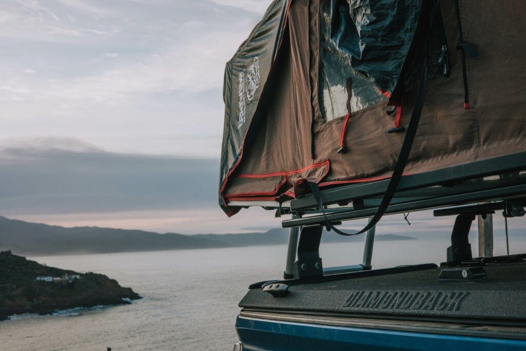 Rooftop tent overlooking the ocean