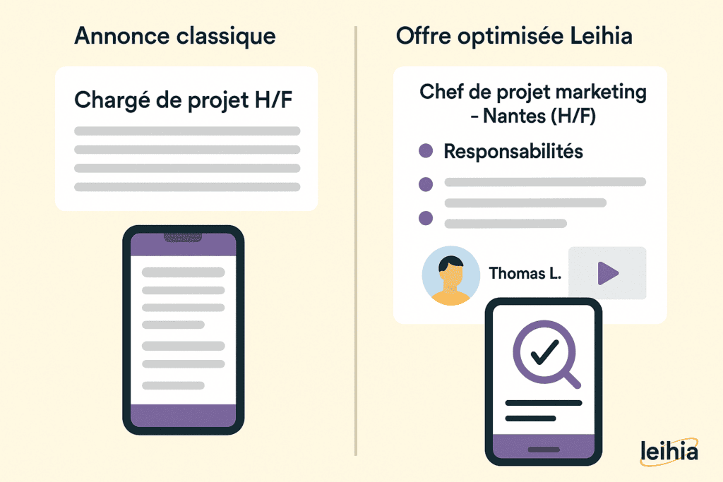 Infographie comparant une annonce classique et une offre optimisée Leihia, illustrant les différences de structure, de lisibilité et d’attractivité sur mobile.