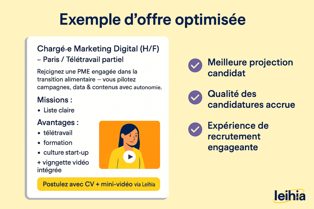 Infographie Leihia illustrant une offre d’emploi optimisée pour un poste de Chargé·e Marketing Digital, avec missions, avantages et vignette vidéo intégrée.